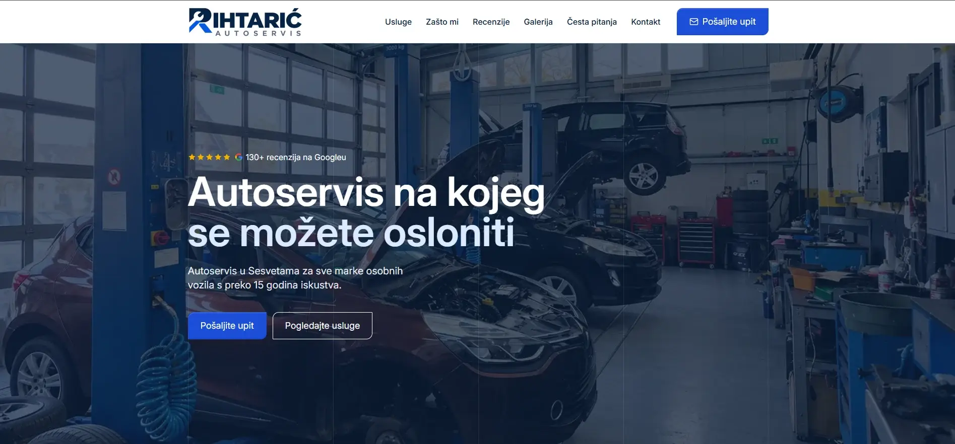 Naslovnica autoservisa Rihtarić s radionicom, Google recenzijama i pozivom na slanje upita