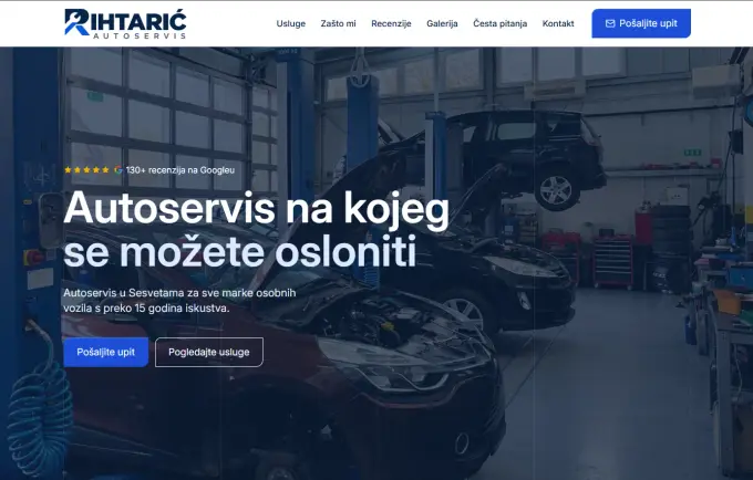 Naslovnica autoservisa Rihtarić s radionicom, Google recenzijama i pozivom na slanje upita
