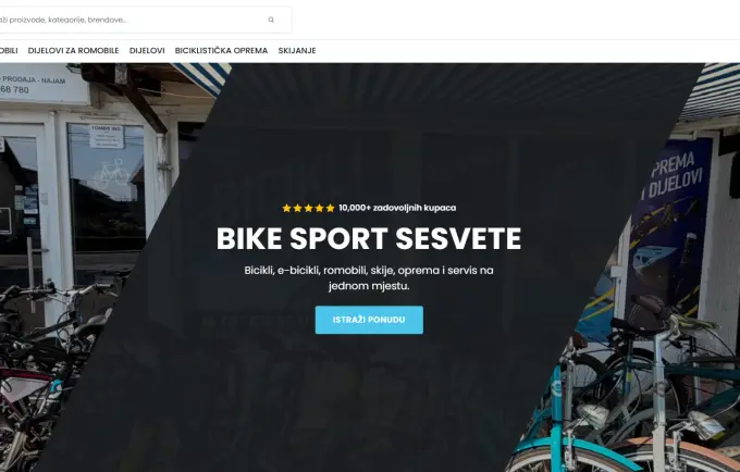 Naslovnica web trgovine Bike Sport Sesvete s biciklima ispred trgovine i tražilicom proizvoda