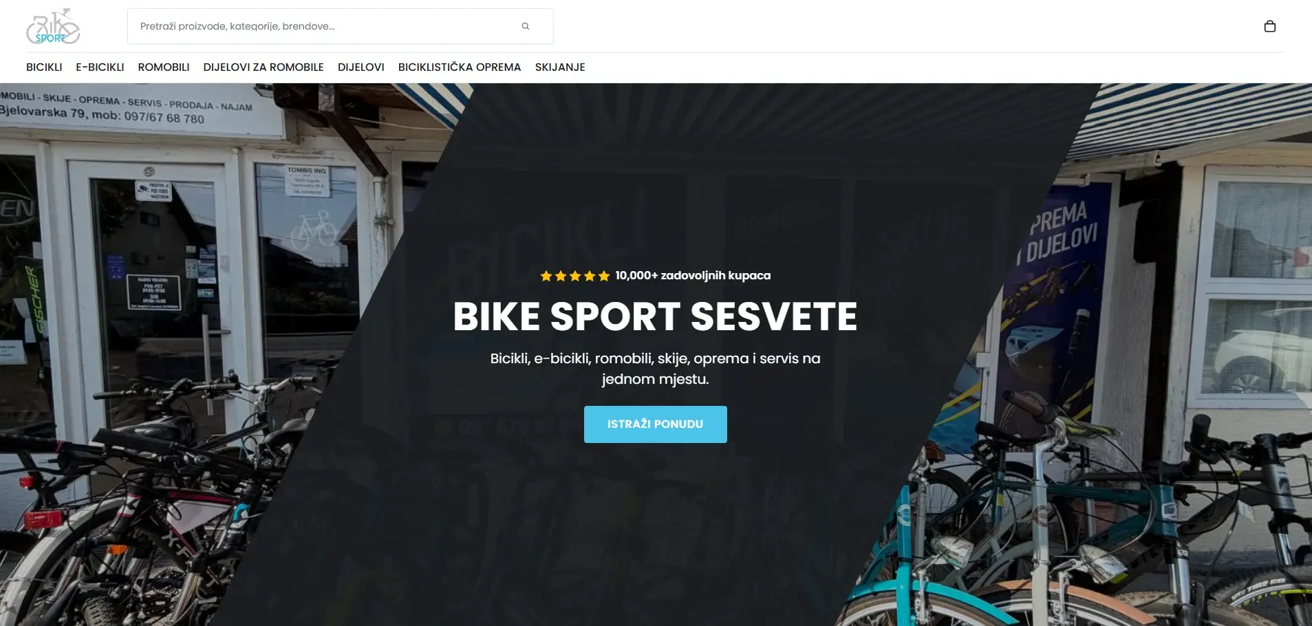 Naslovnica web trgovine Bike Sport Sesvete s biciklima ispred trgovine i tražilicom proizvoda