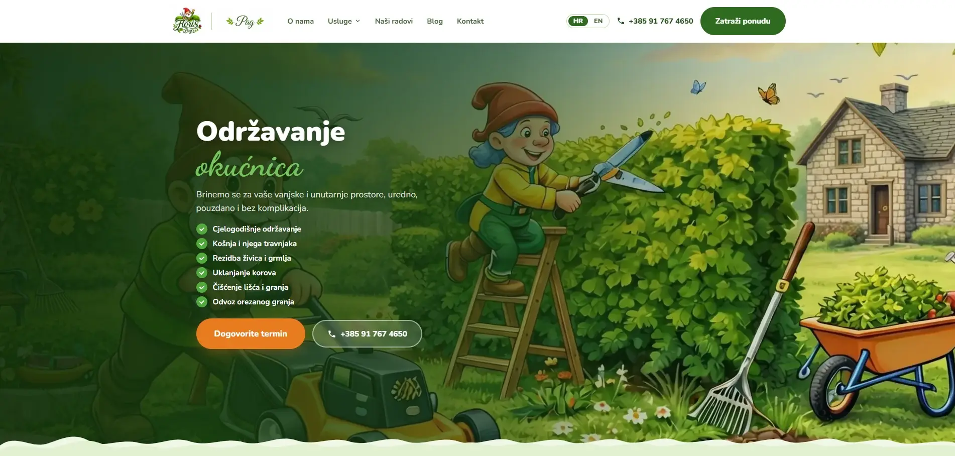 Naslovnica tvrtke Floris za održavanje okućnica i čišćenje na otoku Pagu