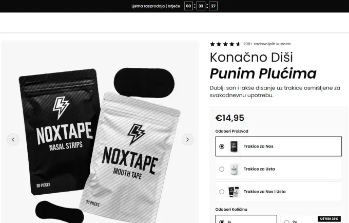 Tamna naslovnica web trgovine Noxtape s trakicama za usta i jamstvom povrata novca