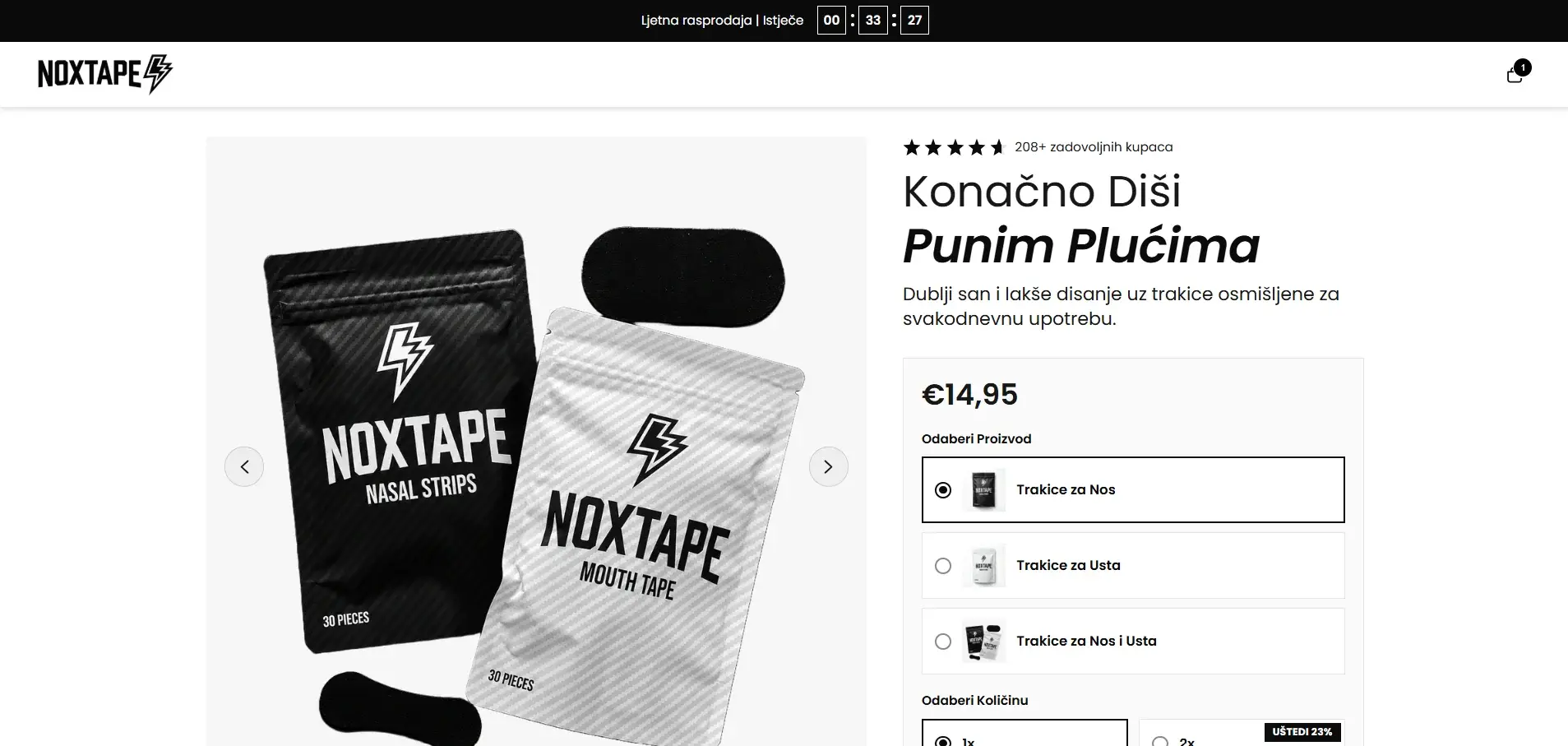 Tamna naslovnica web trgovine Noxtape s trakicama za usta i jamstvom povrata novca