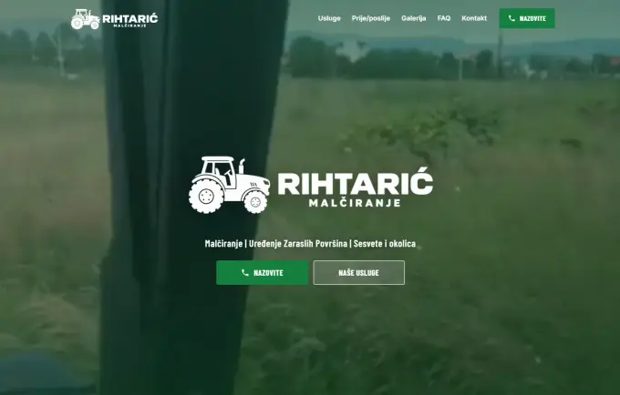 Naslovnica stranice Rihtarić malčiranje s logotipom traktora preko videa zarasle livade