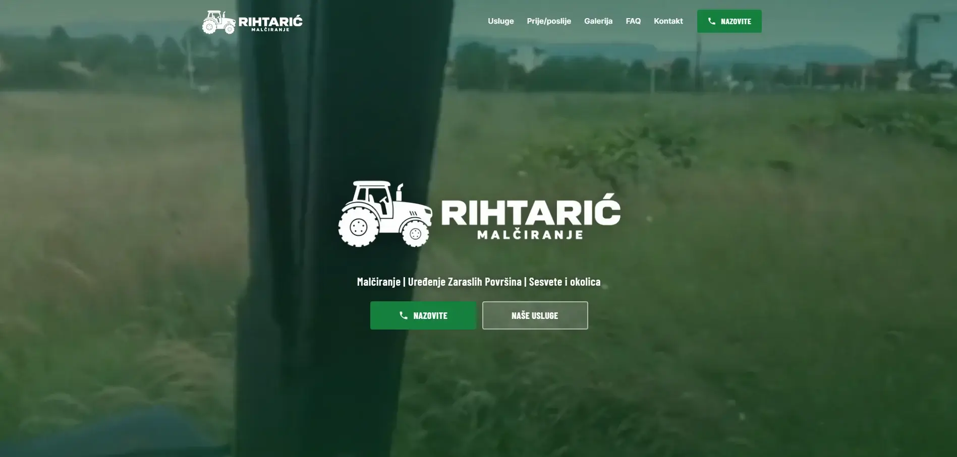 Naslovnica stranice Rihtarić malčiranje s logotipom traktora preko videa zarasle livade