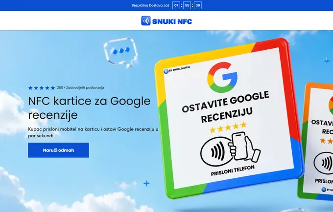 Naslovnica web trgovine Snuki NFC s karticom za ostavljanje Google recenzije u jednom dodiru