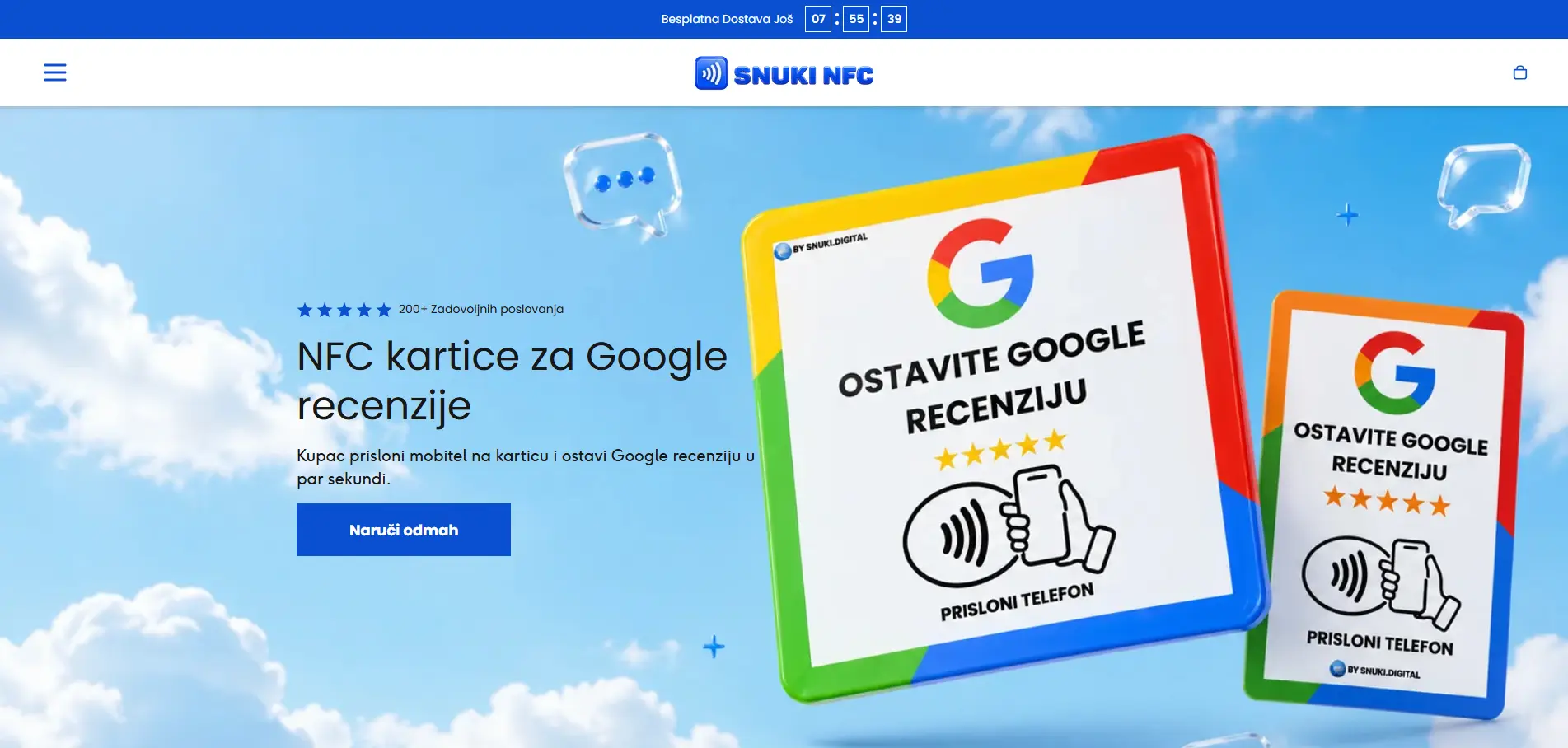 Naslovnica web trgovine Snuki NFC s karticom za ostavljanje Google recenzije u jednom dodiru