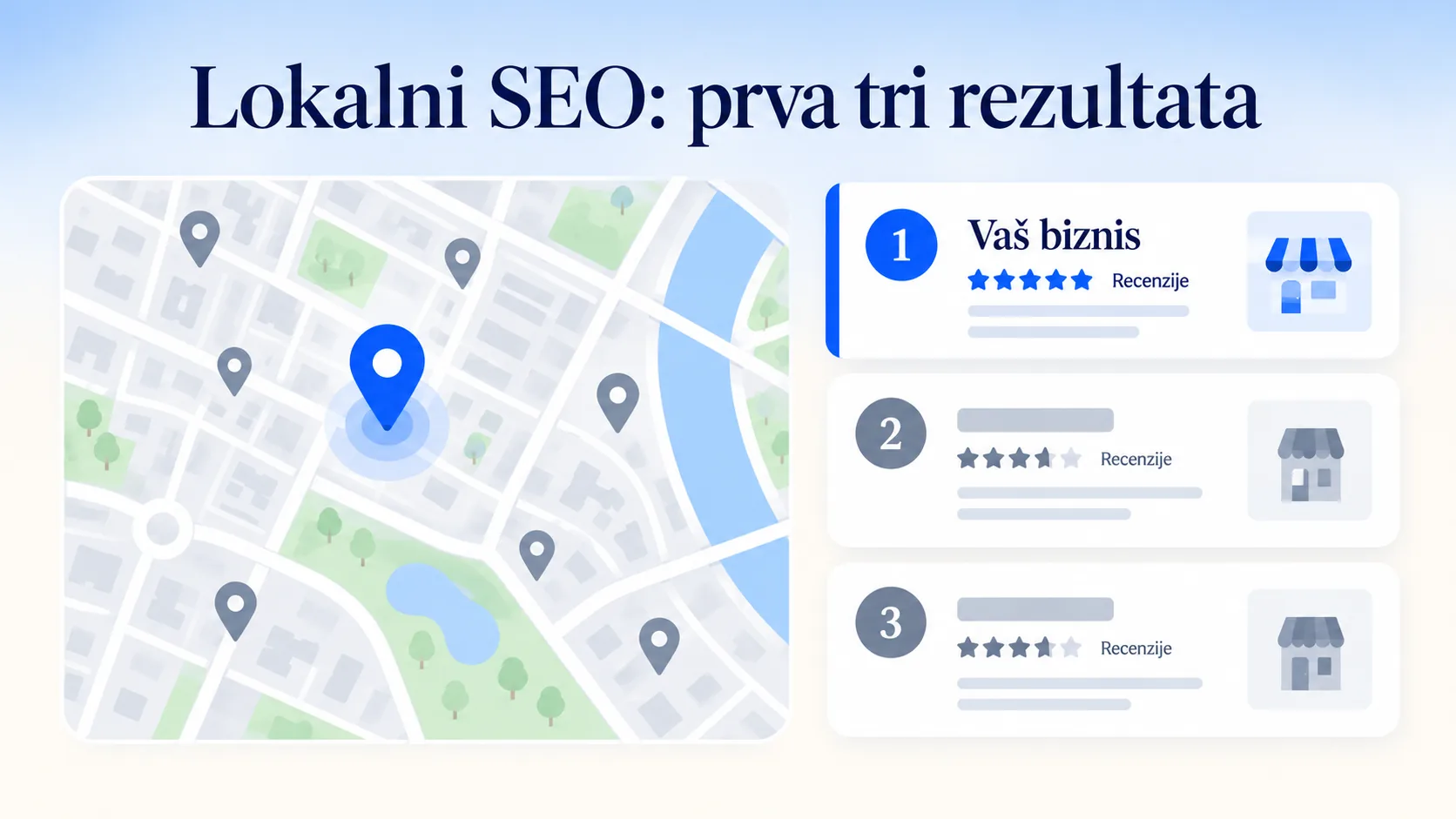 Lokalni SEO: karta s pinovima i prva tri lokalna rezultata s recenzijama
