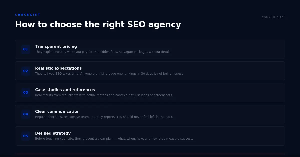 Five-point checklist for choosing an SEO agency: transparent pricing, realistic expectations, case studies, clear communication, and defined strategy