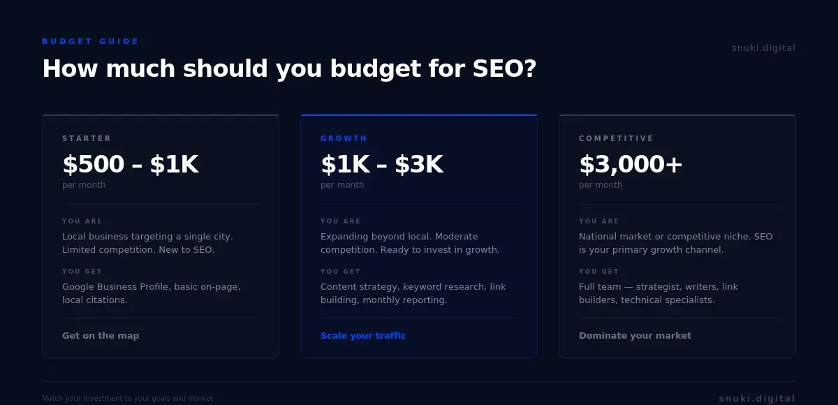 SEO budget guide for small businesses with three investment levels: Starter at 500 to 1000 dollars for local businesses, Growth at 1000 to 3000 dollars for expanding brands, and Competitive at 3000 dollars plus for national markets